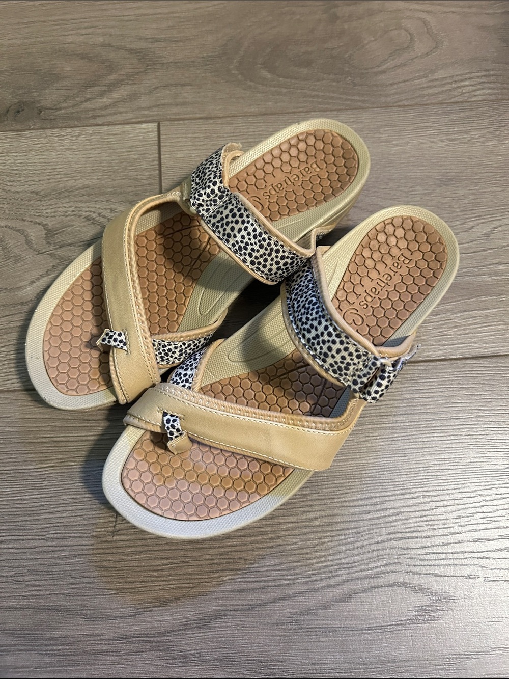 Women’s Beige Slide Sandals with Leopard-Print Straps